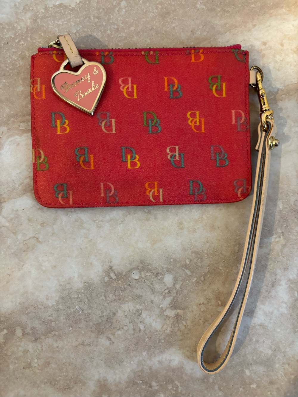 Dooney & Bourke Red Monogram Multicolor Logo Wristlet with Heart Charm